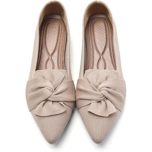 Shoes - Women's Beige Pointed Toe Ballet Flats with Bow Comfortable Knit Dressy Flats
